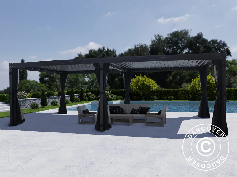 Bioklimatyczna pergola Monterey, 4x8m, z zasłonami i moskitierą, Czarna - Image 3