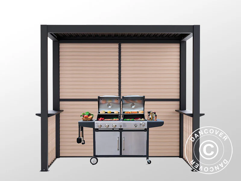 Pergola San Juan do grilla, z ściankami i bokami z lameli, 2,5x1,5x2,3m, Czarna/Imitacja drewna - Image 8